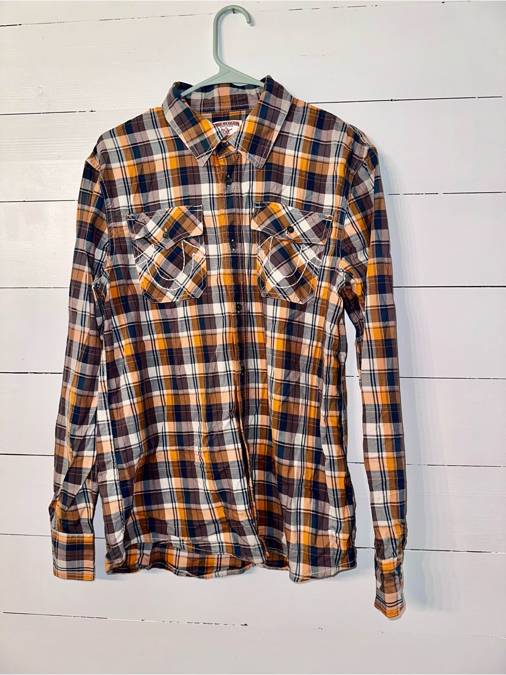 True Religion Men's Plaid Button-Down Shirt - Orange & Navy